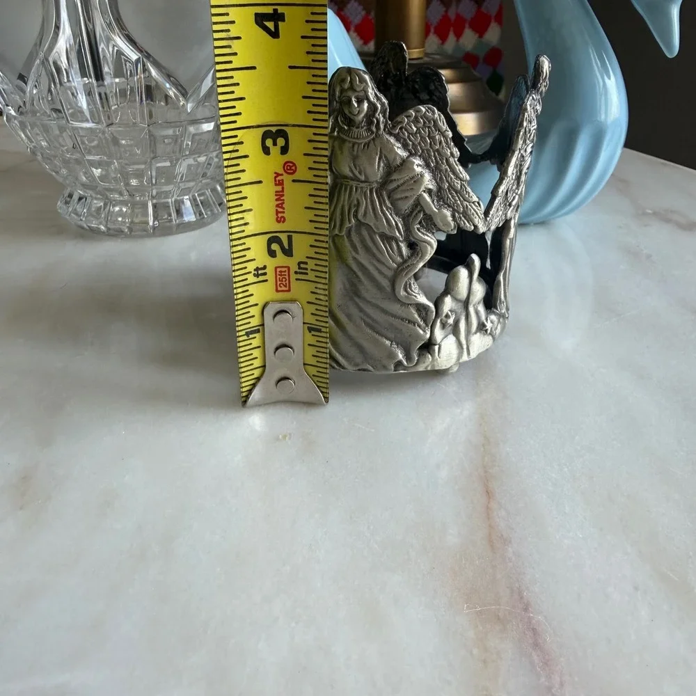 Vintage Angel Pewter Tone Metal Candle Sleeve‎ Jar Holder Celestial Decor